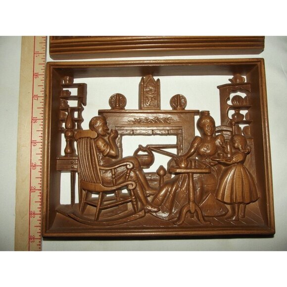 3 Burwood Vtg Wall Art Hanging Plaque 3D MCM Reading Time Hearth Spinning Wheel - Picture 4 of 16